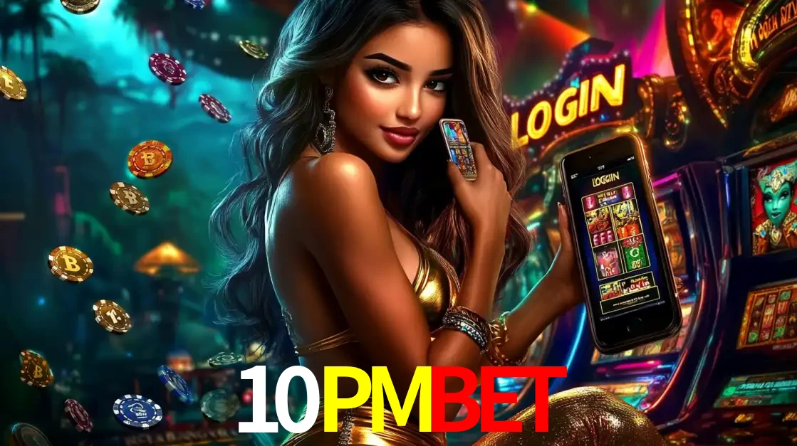 Mulher em um cenário de cassino temático de aventura, mostrando o app de caça-níqueis da 10PMBET no celular. Fichas de apostas flutuam ao redor.