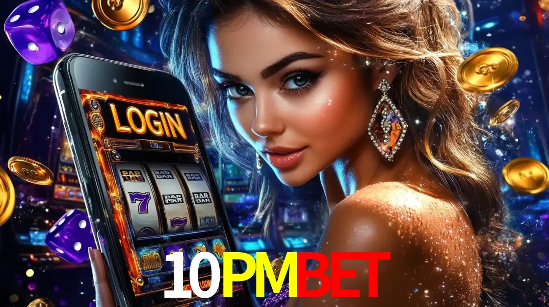 Mulher glamorosa segurando um smartphone com a tela de login para os jogos de caça-níqueis do cassino online 10PMBET, com moedas de ouro e dados ao redor.
