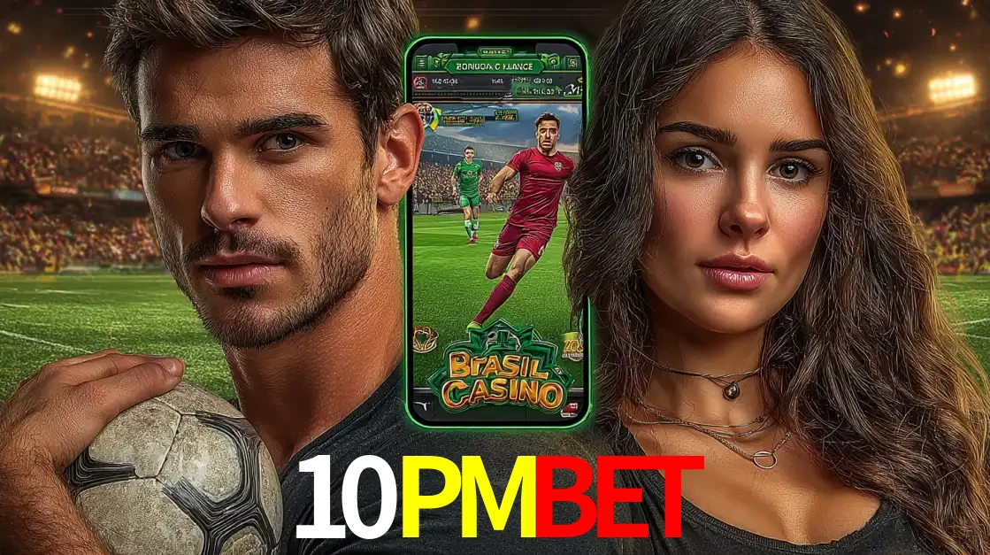 Homem segurando uma bola de futebol e uma mulher ao lado de um smartphone exibindo o jogo de apostas esportivas da 10PMBET. Faça seu palpite no cassino online.